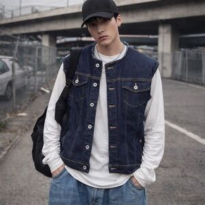 Topman Denim Vest XL Blue Raw Cut Sleeveless Y2K Grunge Biker Jean Vest